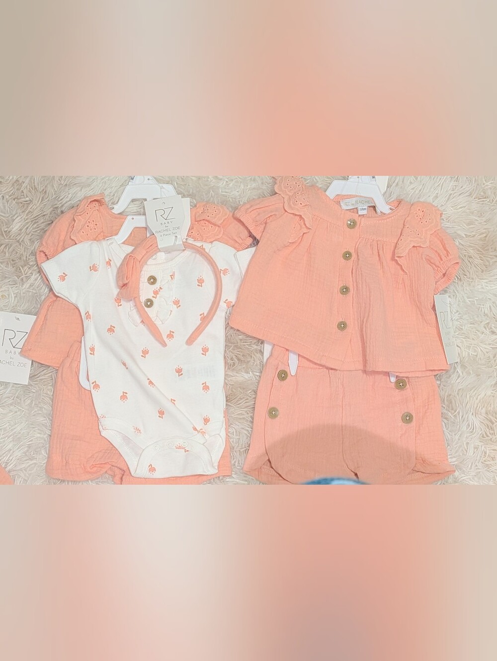NWT, Rachel Zoe,Peach,4pc- Matching Shorts & Top, Onesie & Headband-0/3 OR 3/6mt